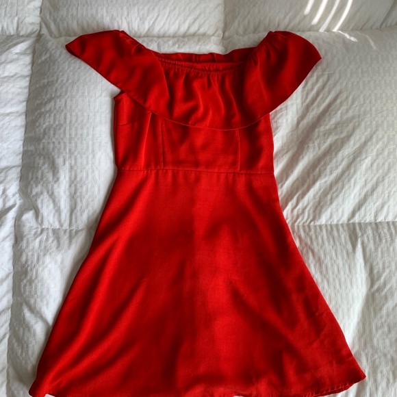 red off the shoulder fit and flare dress